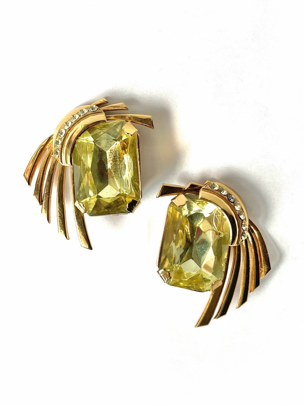 Vintage ZOE COSTE FRANCE Citrine Chartreuse Emerald Cut Huge Rhinestone Earrings